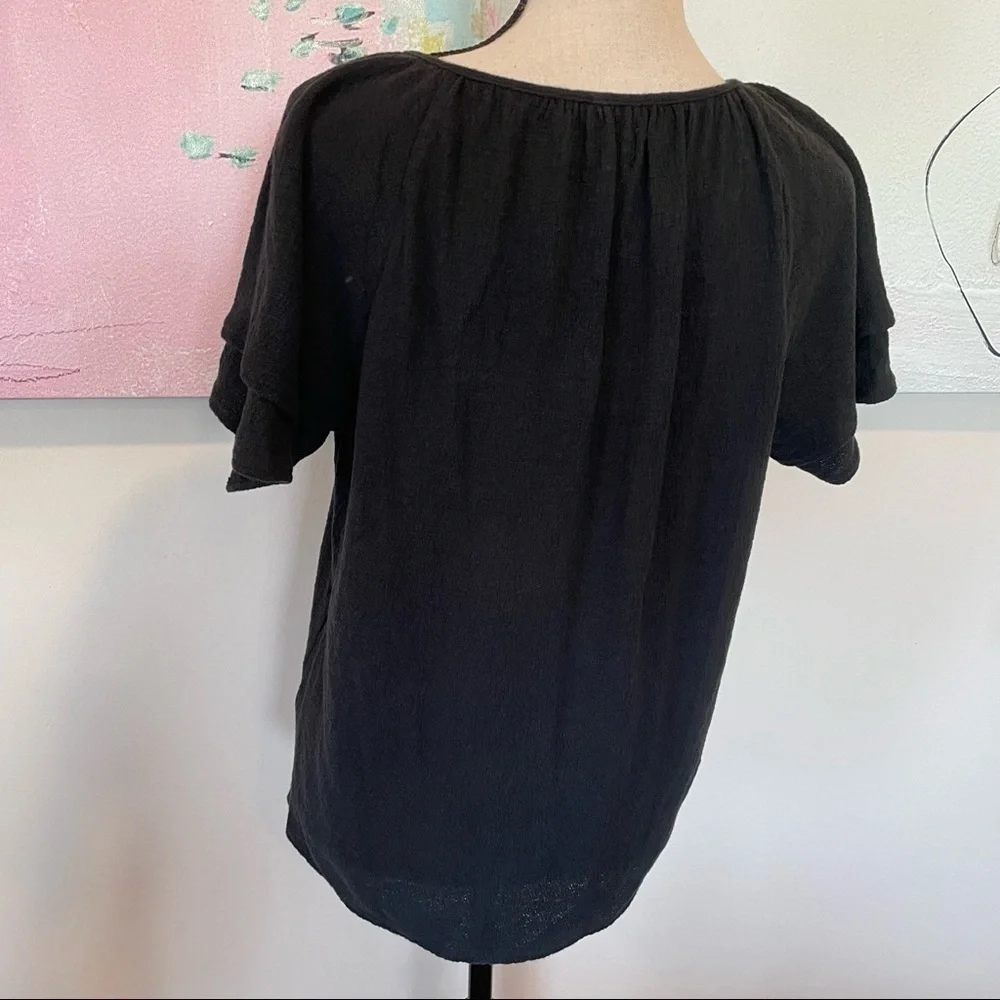 Madewell Womens Texture & Thread Tiered Sleeve Top Cotton in Black Sz M